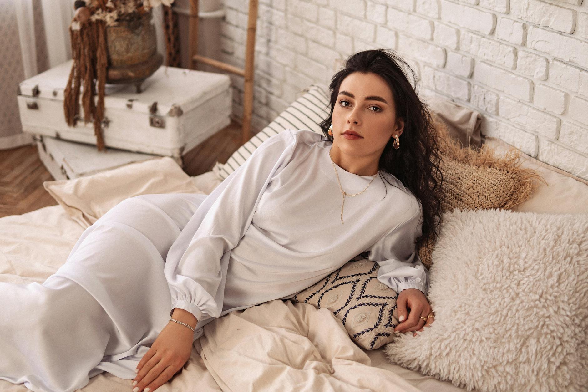 model displaying an elegant silk dress