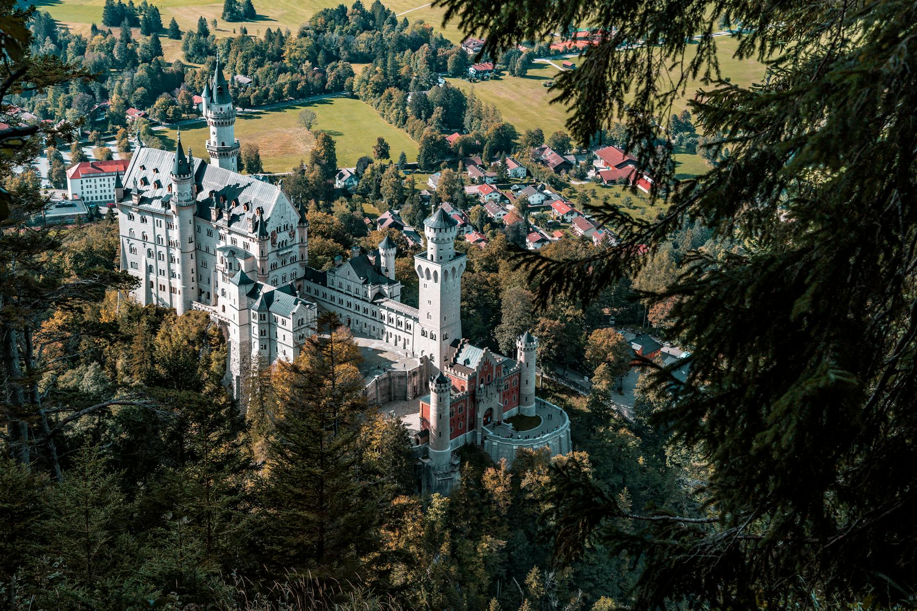 Neuschwanstein Castle in Bavaria, Germany surrounded by mountains