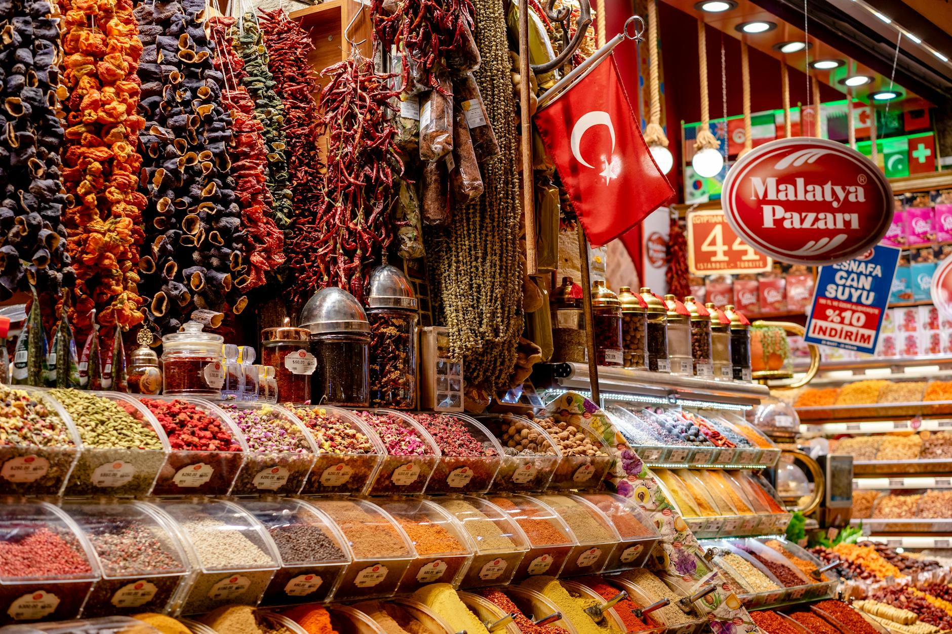 vibrant Turkish spice market with colorful spices on display