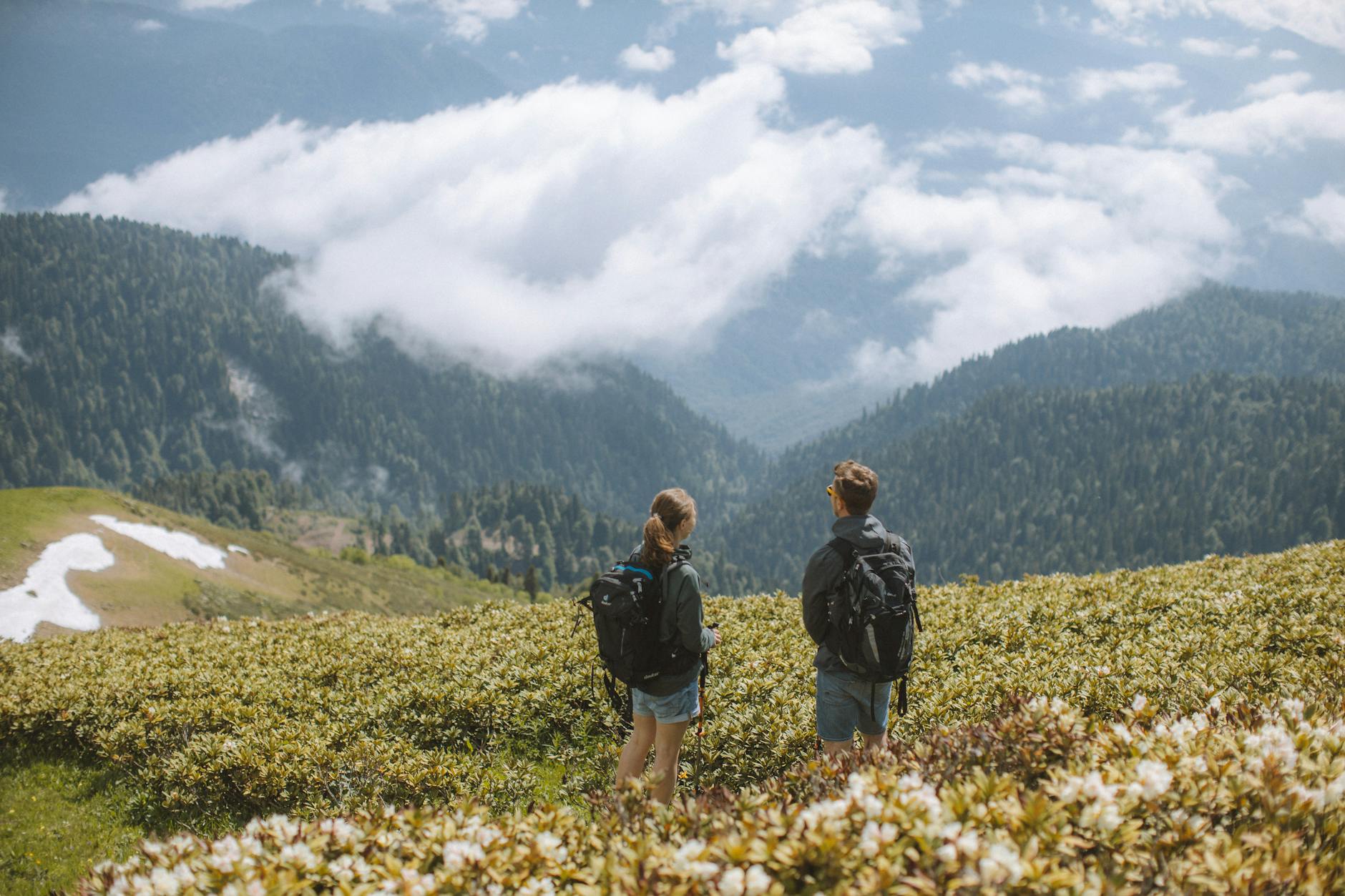 couple hiking in mountains