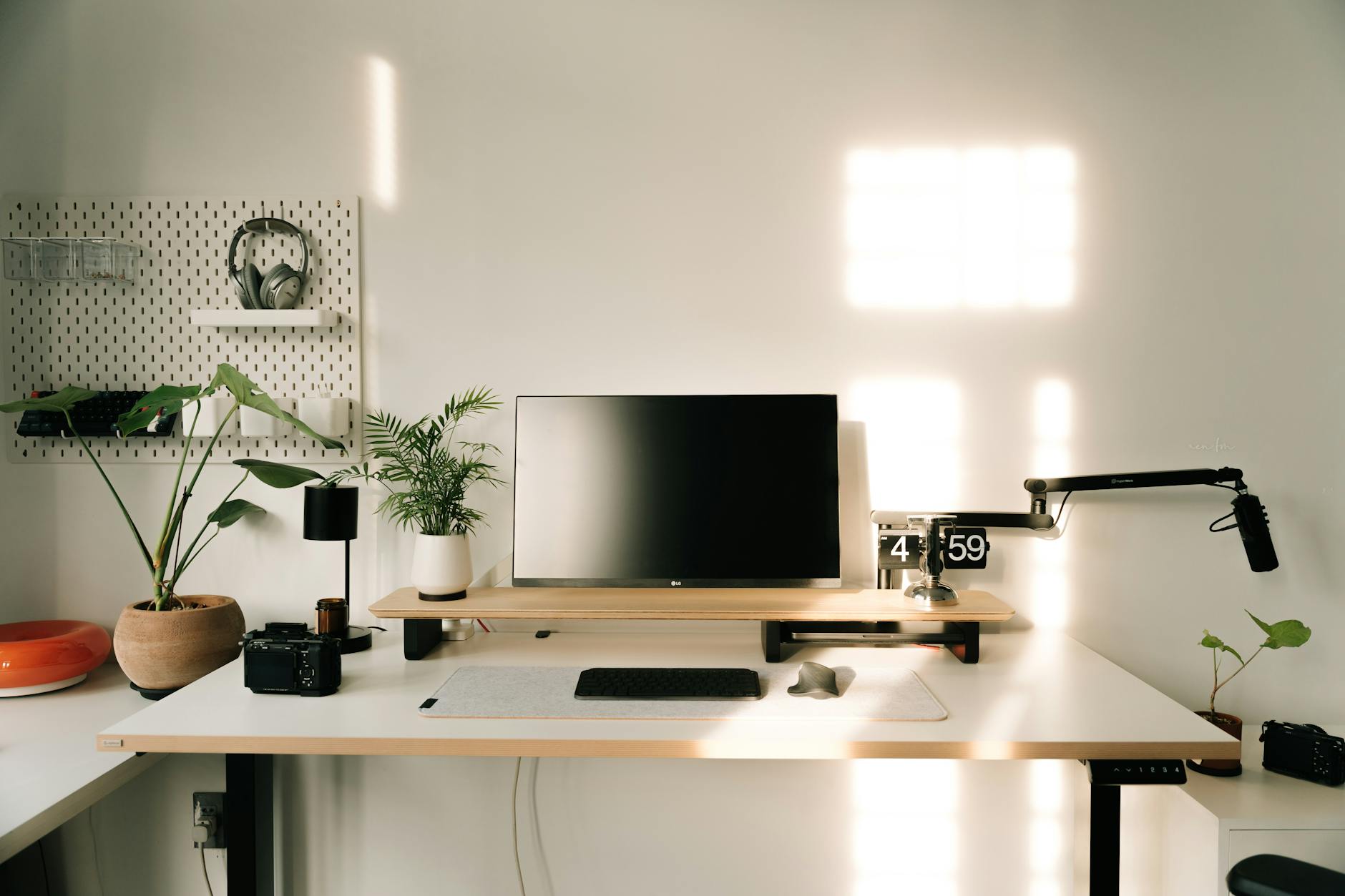 organized minimalist workspace with plants