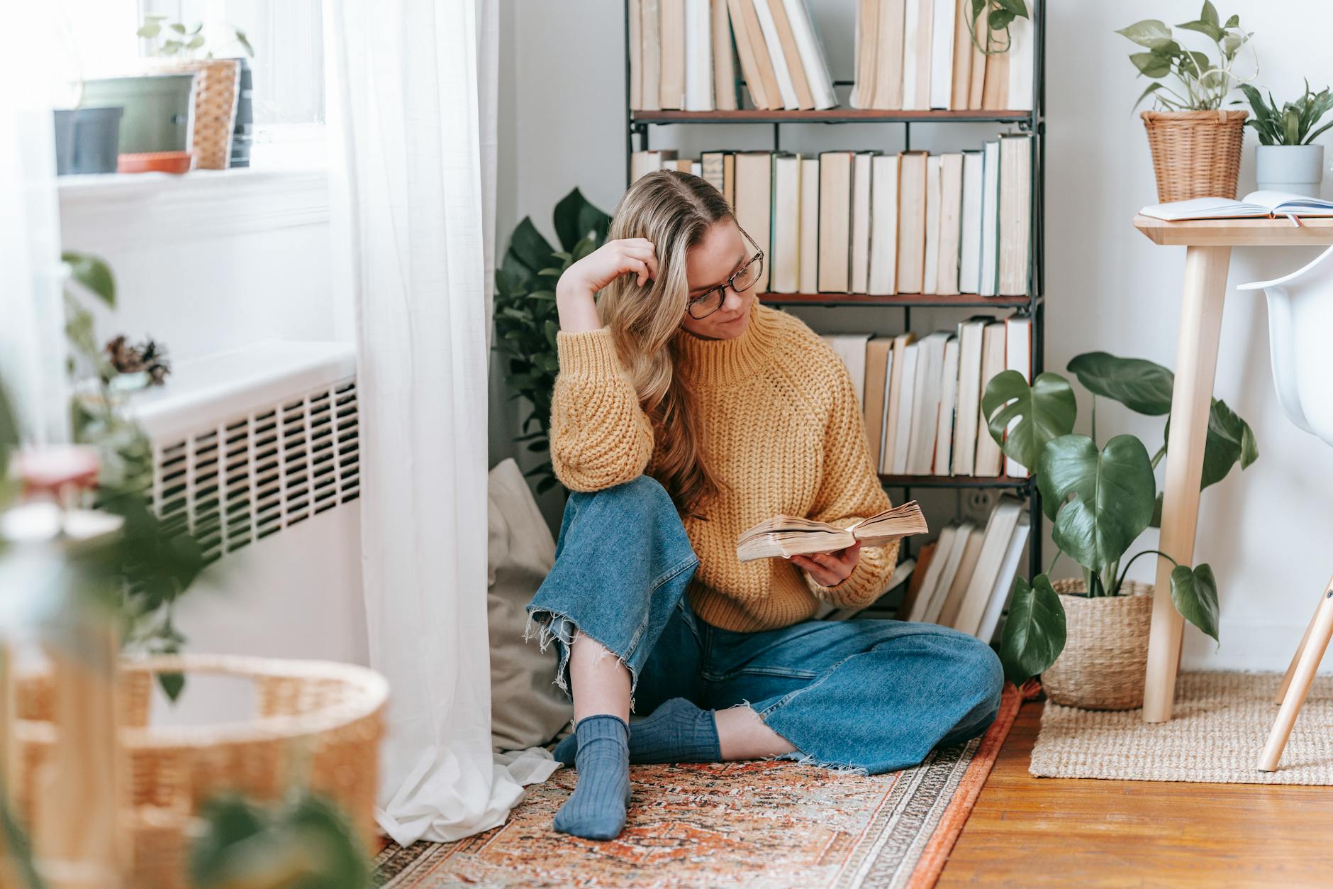 cozy reading nook with books and plants